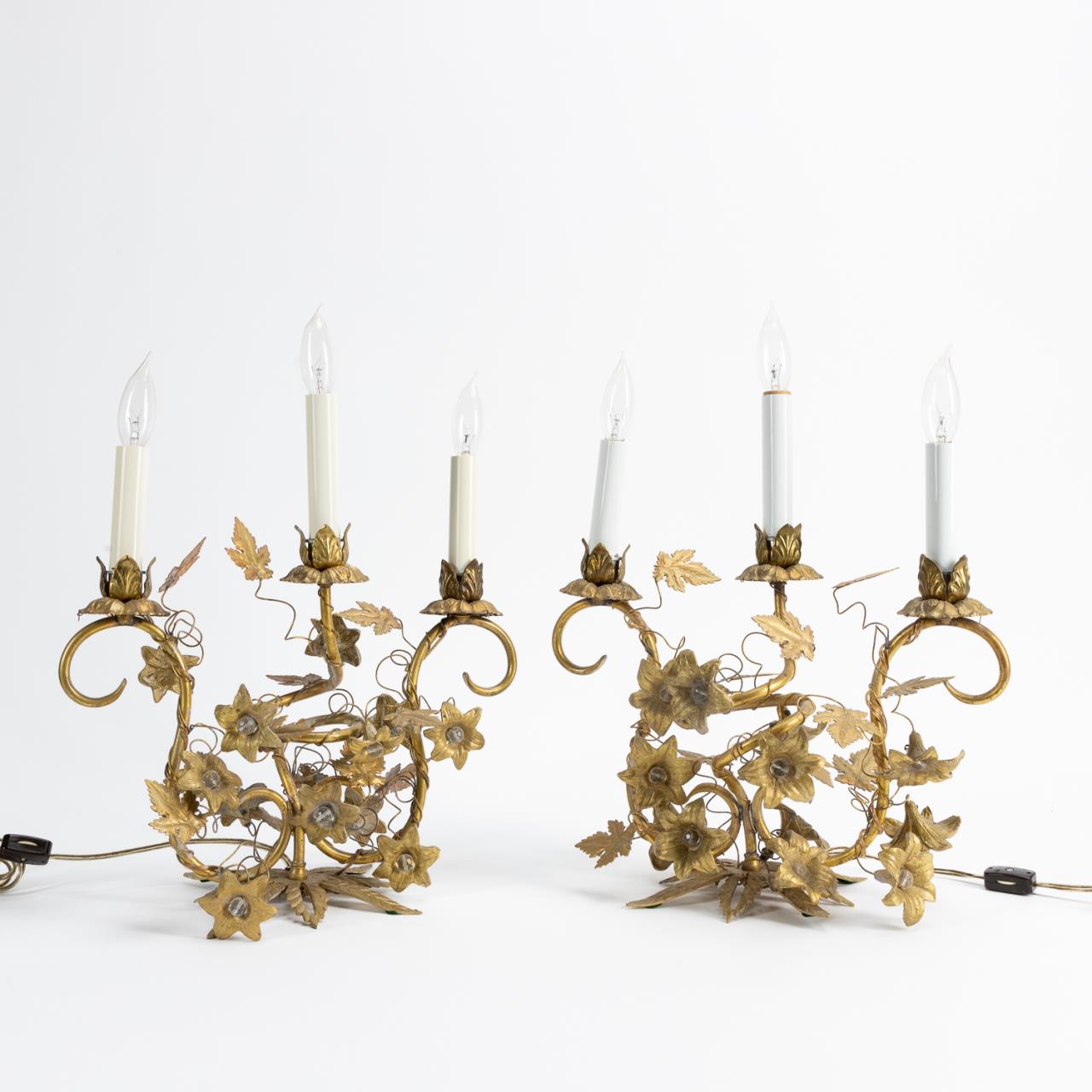 PAIR, FLORAL GILT METAL 3 LIGHT