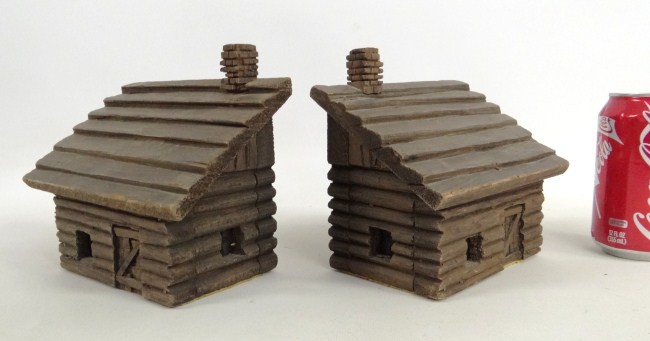 Pair folk art log cabin bookends.