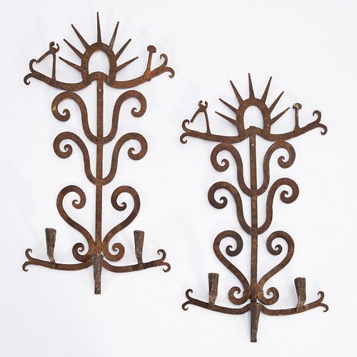 PAIR FOLK ART WROUGHT IRON
