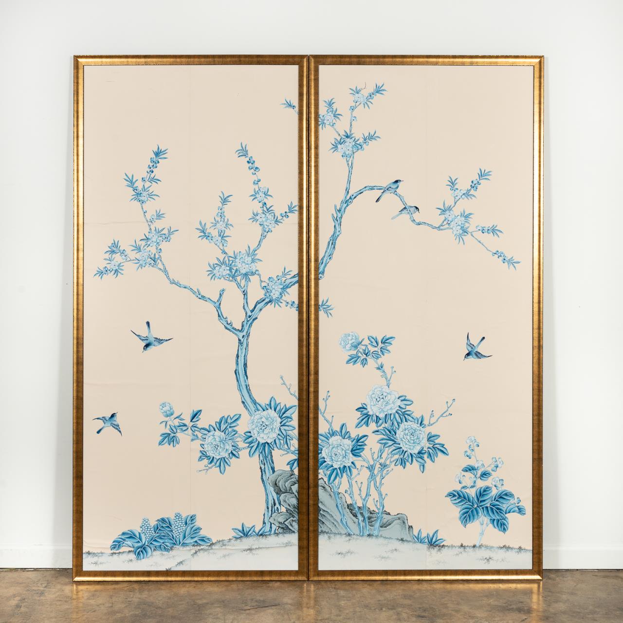 PAIR, FRAMED HAND-PAINTED BLUE &