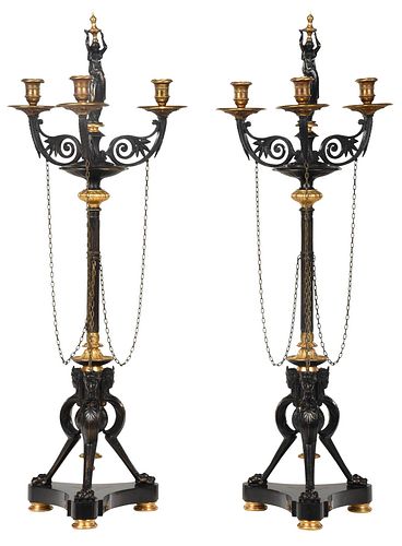 PAIR FRENCH BRONZE THREE LIGHT
