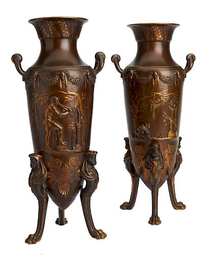 PAIR FRENCH BRONZE URNS, LEVILLAIN,