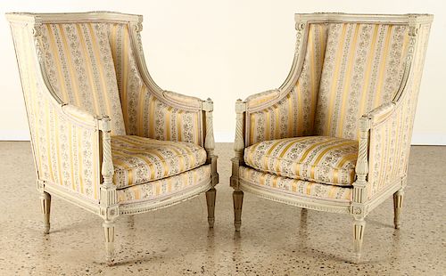 PAIR FRENCH CARVED UPHOLSTERED