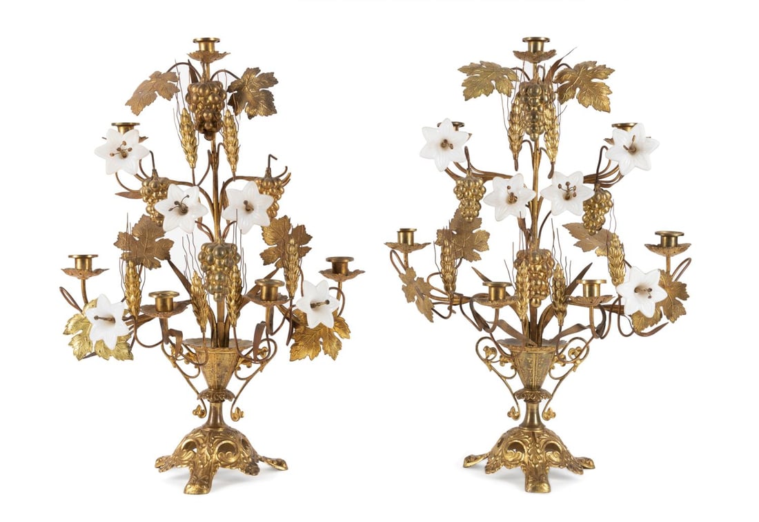 PAIR FRENCH GILT & MILK GLASS