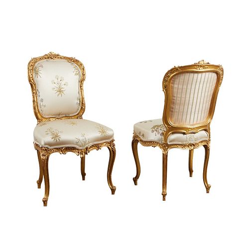 PAIR FRENCH GILT UPHOLSTERED