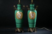 PAIR FRENCH PAINTED OPALINE GL