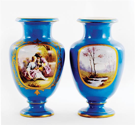 Pair French painted porcelain vases