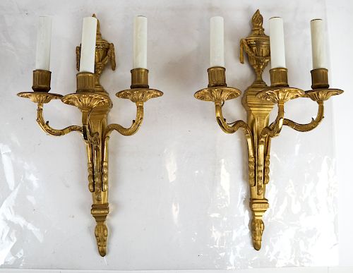 PAIR FRENCH THREE-LIGHT BRONZE DORE