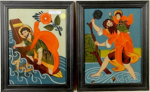 PAIR GERMAN RELIGIOUS REVERSE GLASS