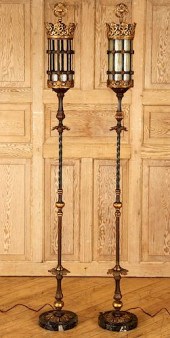 PAIR GILT IRON GLASS FLOOR LAM