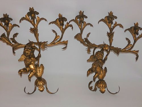 PAIR GILT METAL CHERUB