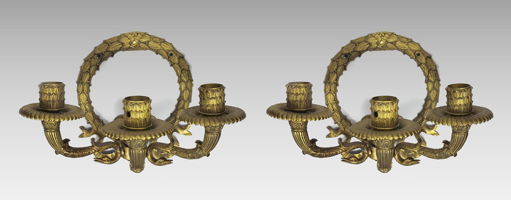 PAIR GILT METAL FRENCH 3 LIGHT