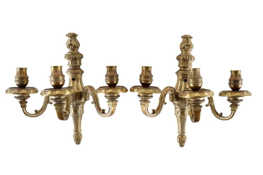 PAIR GILT METAL THREE-LIGHT WALL