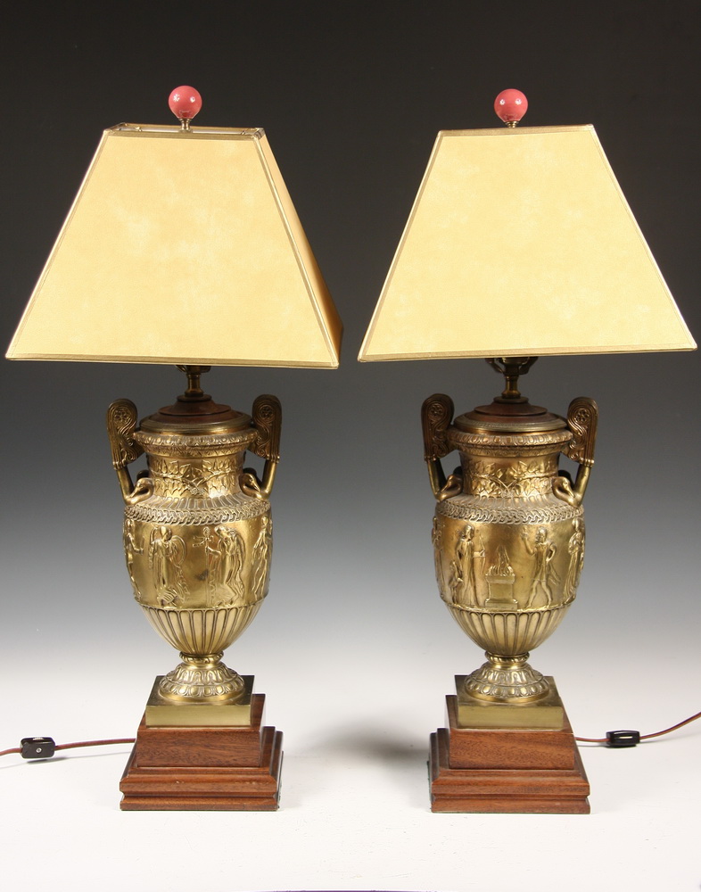 PAIR GILT METAL URNS AS LAMPS -