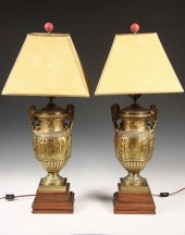 PAIR GILT METAL URNS AS LAMPS
