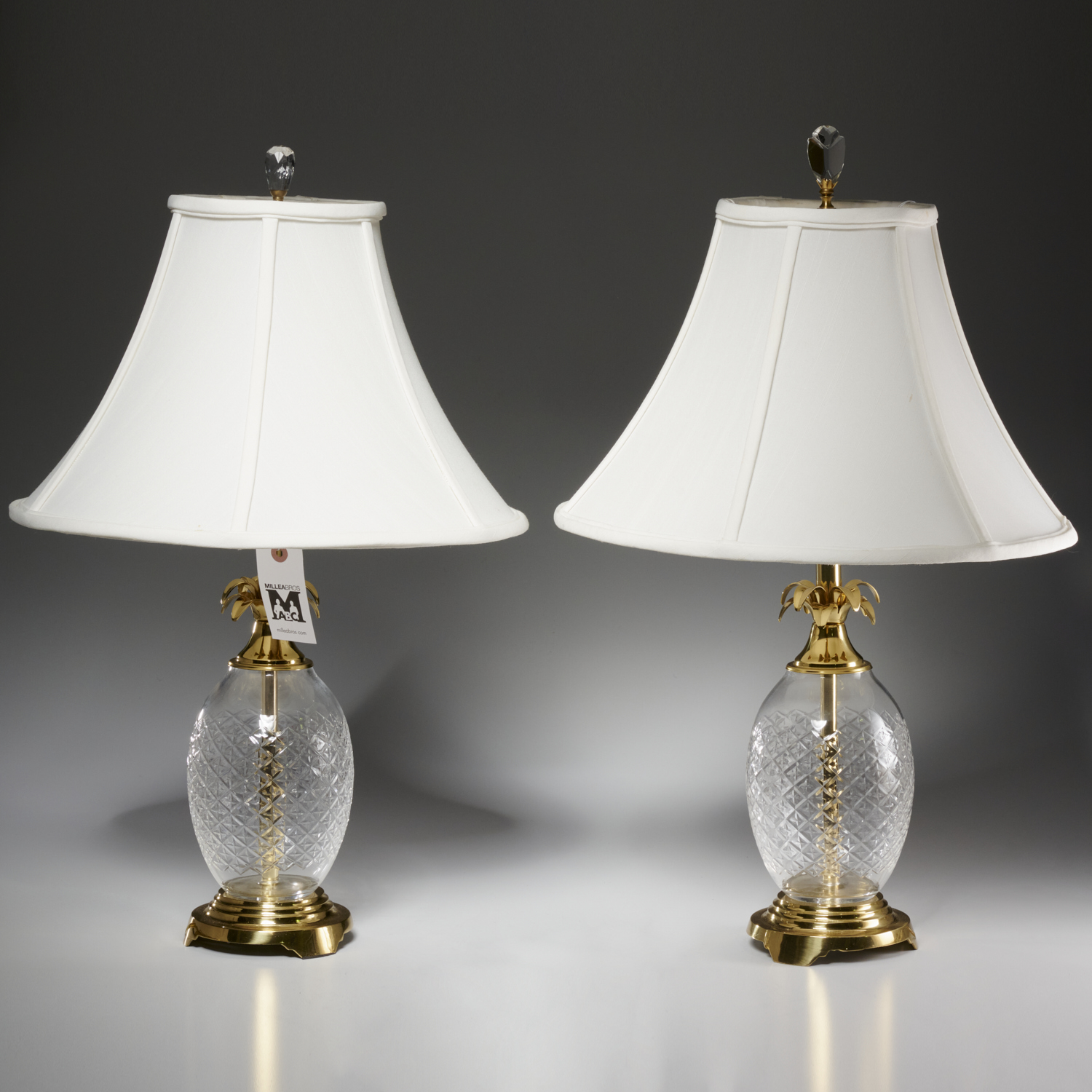 PAIR GLASS AND BRASS PINEAPPLE