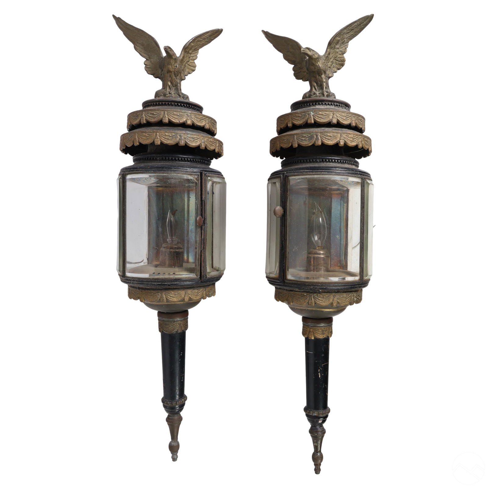 PAIR GLASS & BRASS CARRIAGE LAMPS