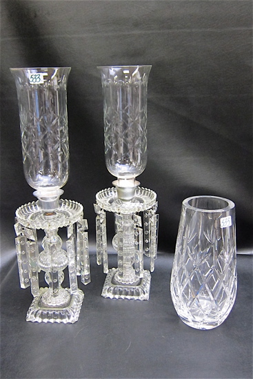 PAIR GLASS CANDLESTICK LUSTERS &