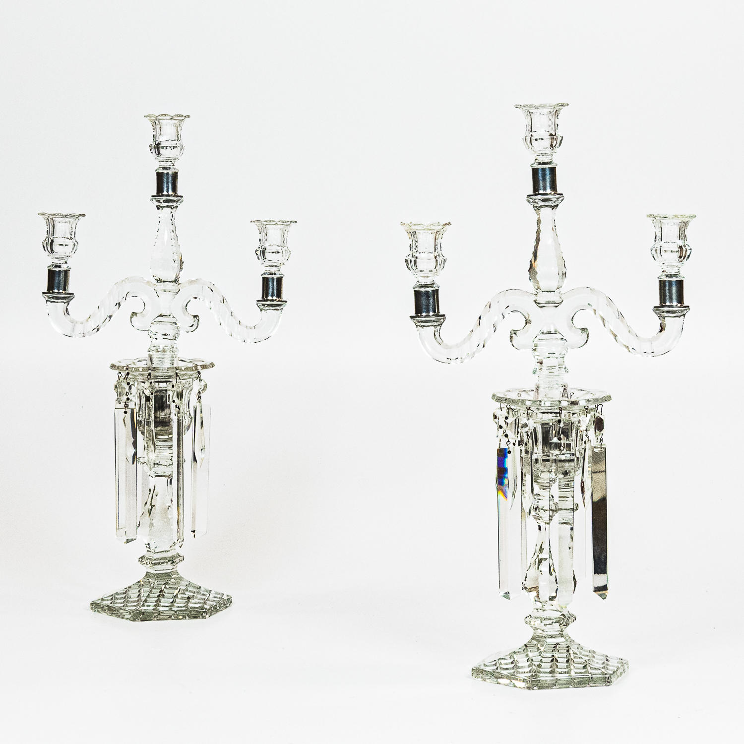 PAIR GLASS THREE-LIGHT CANDELABRA