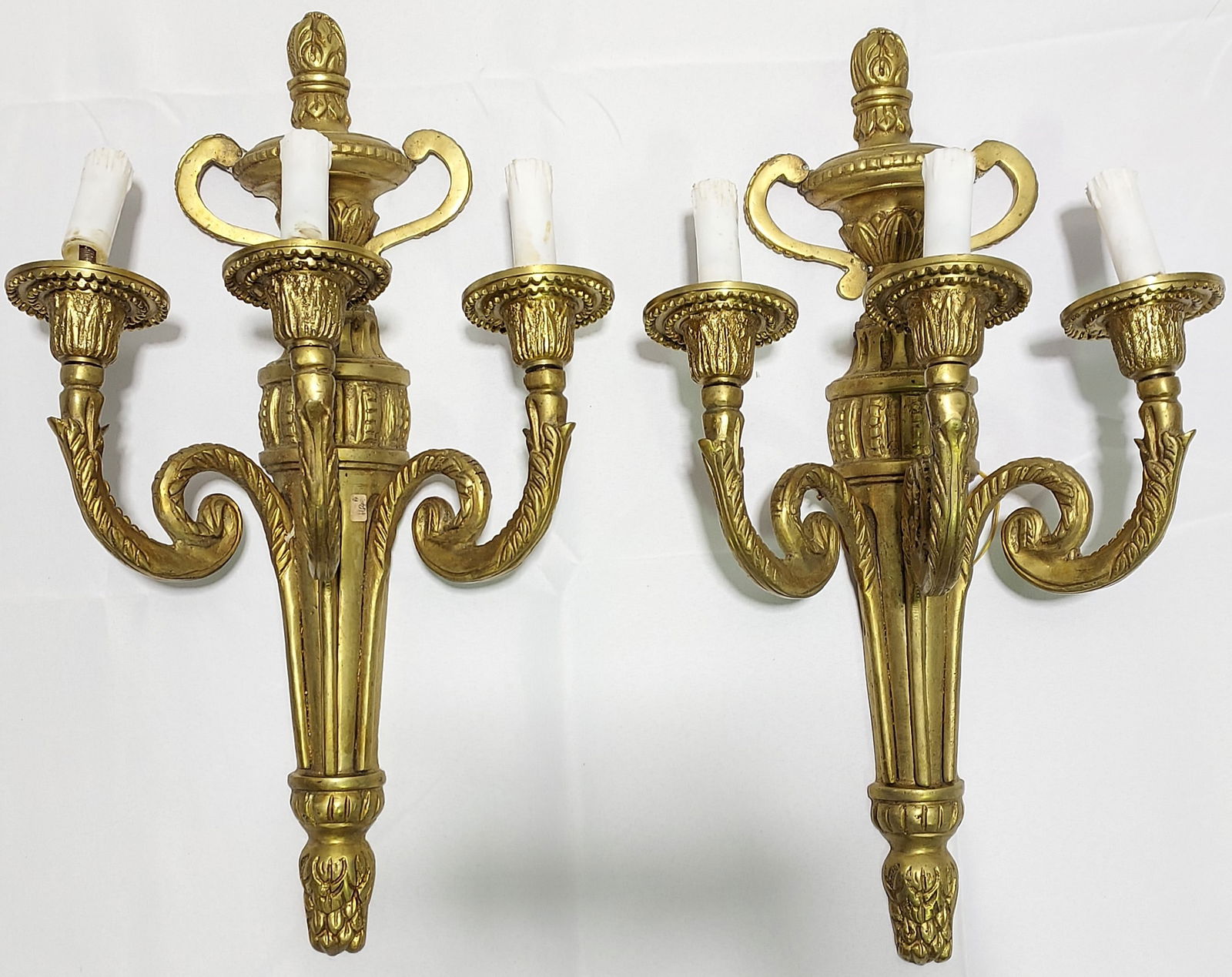 PAIR GOLD TONE BRASS THREE ARM WALL