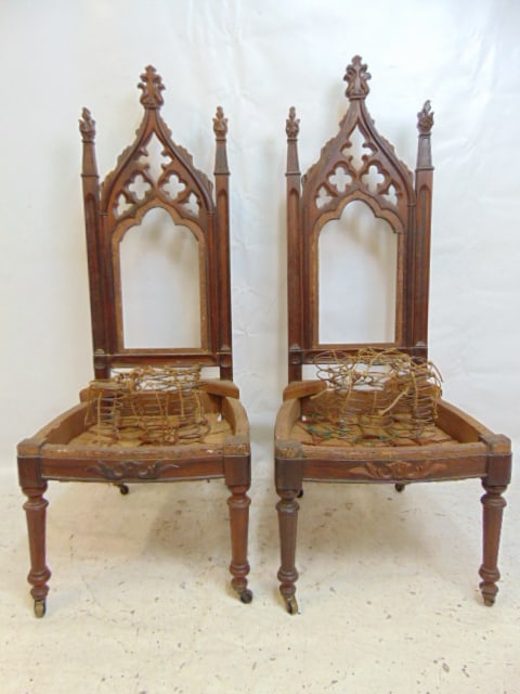PAIR GOTHIC CHAIR FRAMES IN WALNUT,