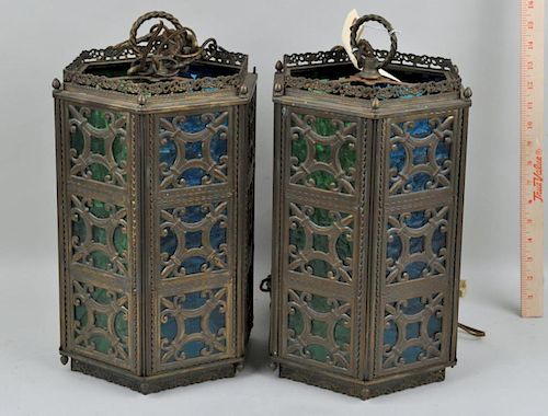 PAIR GOTHIC REVIVAL BRASS HANGING