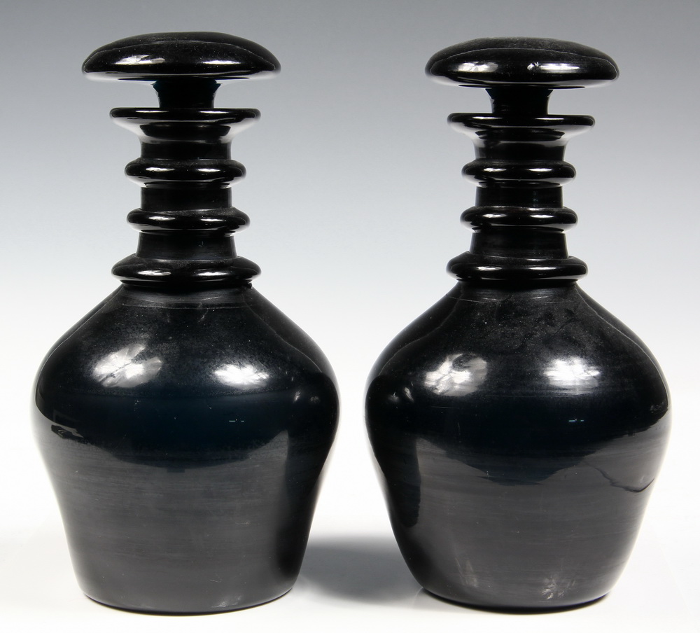 PAIR GREEN GLASS DECANTERS-with