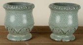 PAIR GREEN GLAZED GARDEN URNS