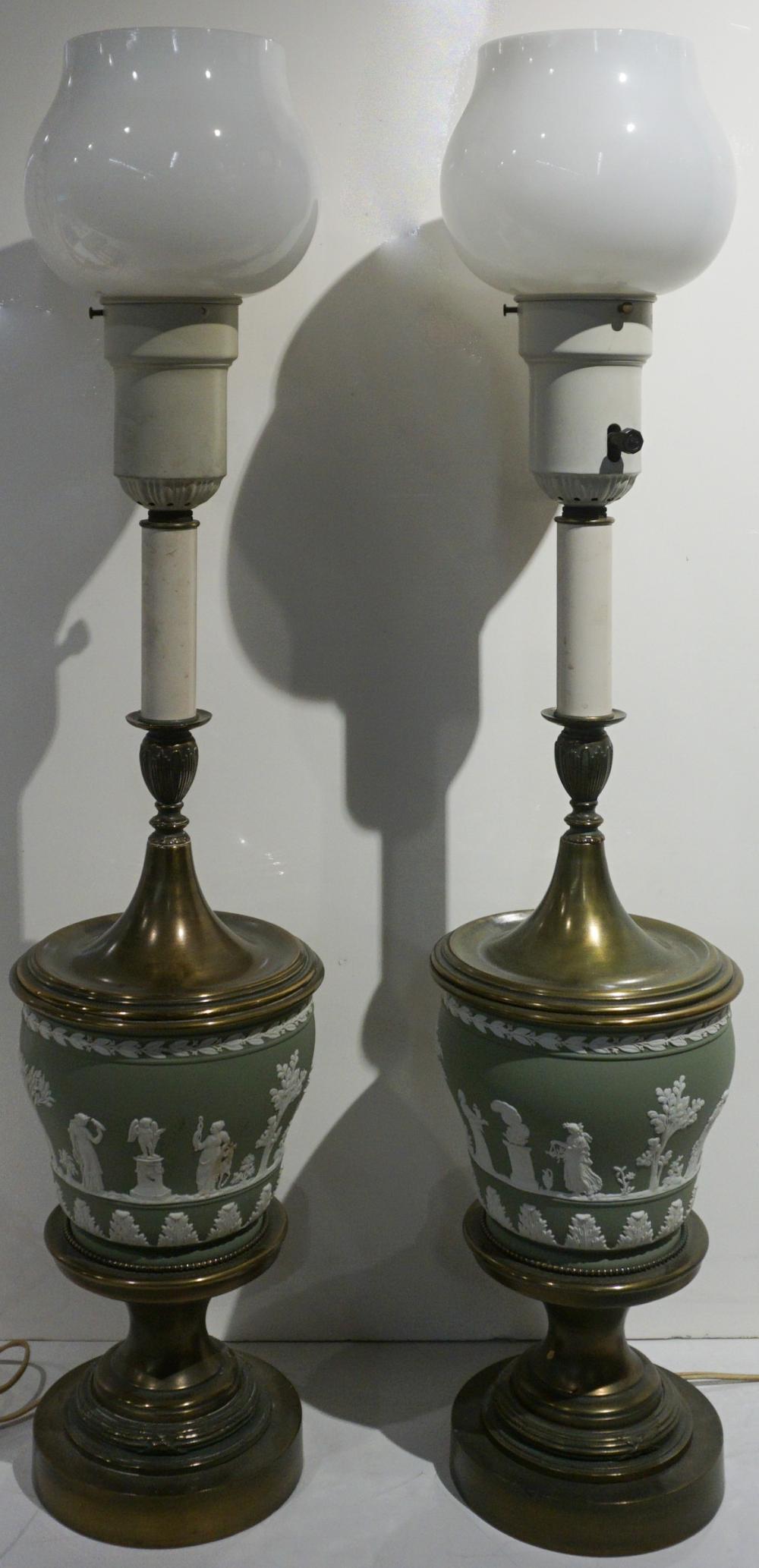 PAIR GREEN JASPERWARE AND BRASS