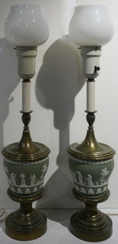 PAIR GREEN JASPERWARE AND BRAS