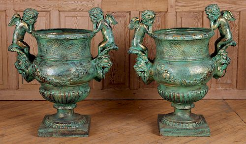 PAIR GREEN PAINTED IRON GARDEN URNS