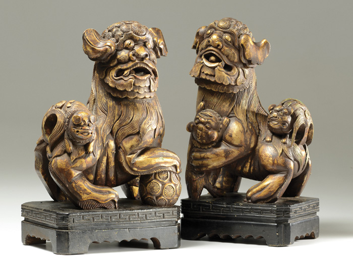 PAIR HAND CARVED WOOD CHINESE FOO
