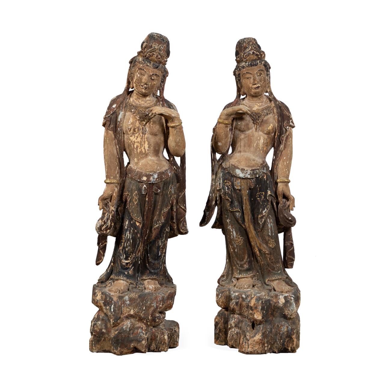 PAIR HAND CARVED WOOD STANDING GUAN