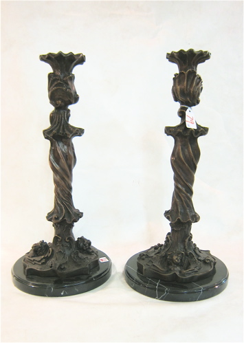 PAIR HEAVY BRONZED METAL CANDLE