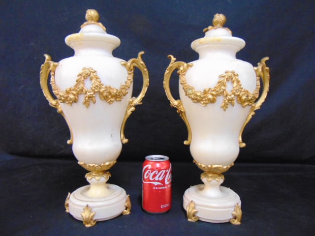 PAIR HEAVY WHITE MARBLE, BRONZE