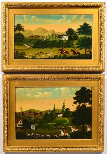 PAIR HUNT SCENE PAINTINGS, SIGNED