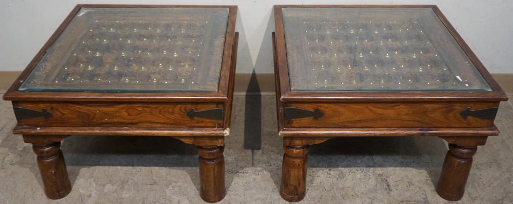 PAIR INDIAN CARVED WOOD AND GLASS