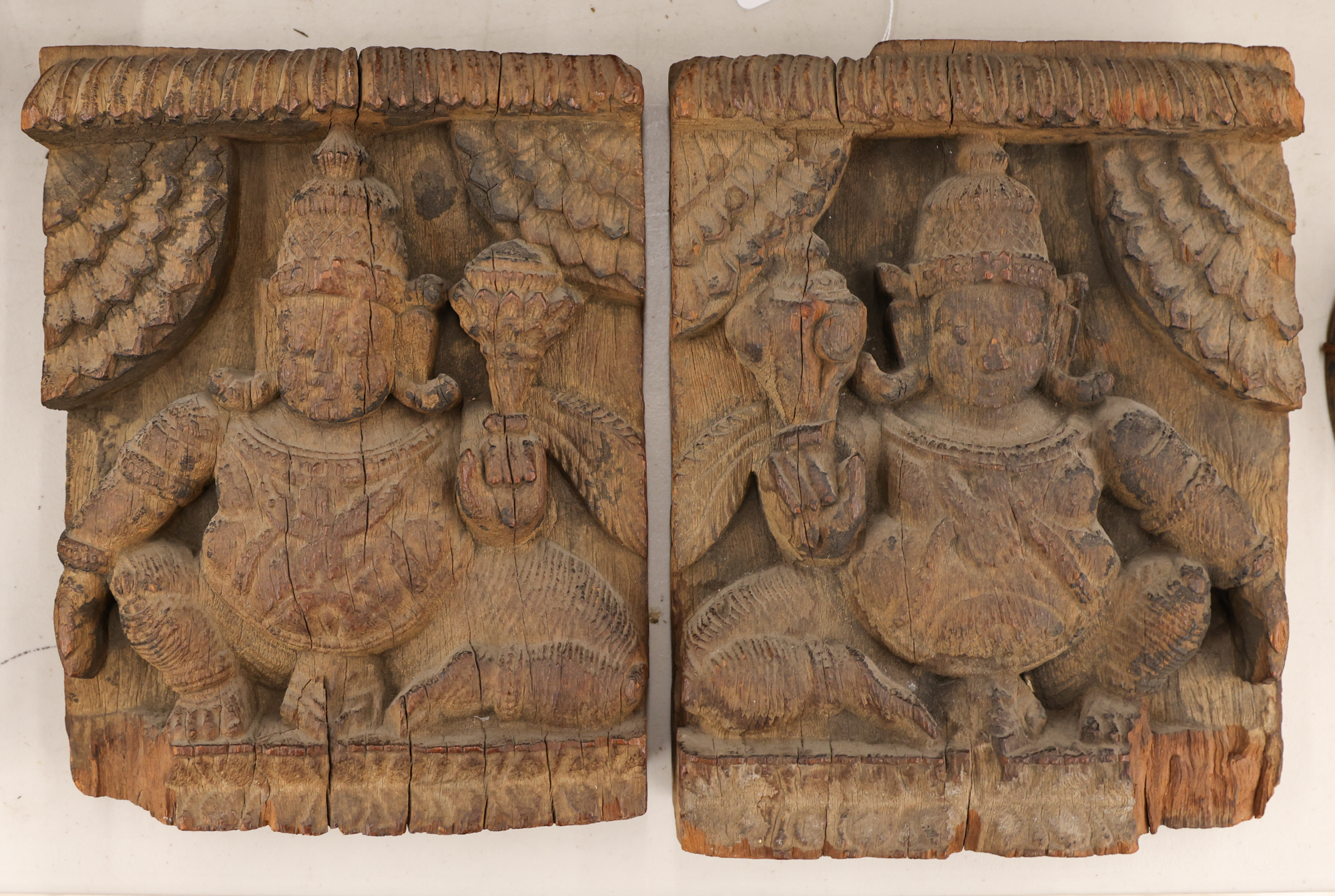 Pair Indian Carved Wood Temple