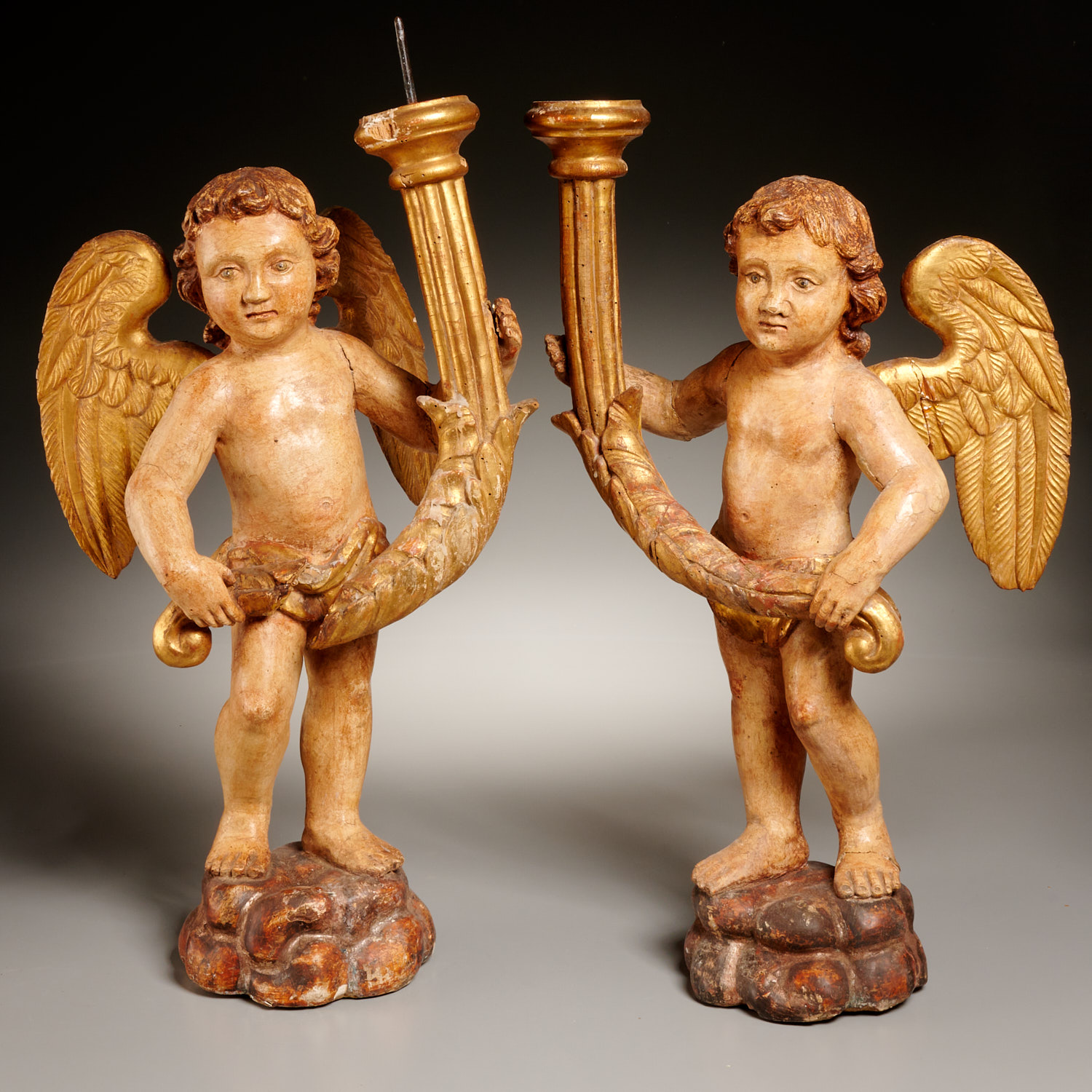 PAIR ITALIAN CARVED WOOD CHERUB