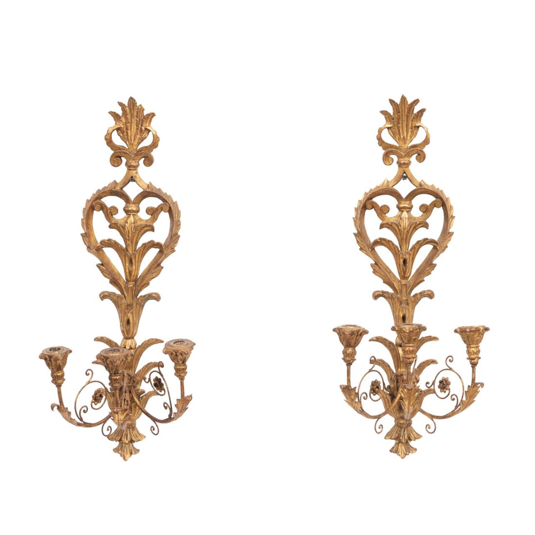 PAIR ITALIAN GILTWOOD THREE LIGHT