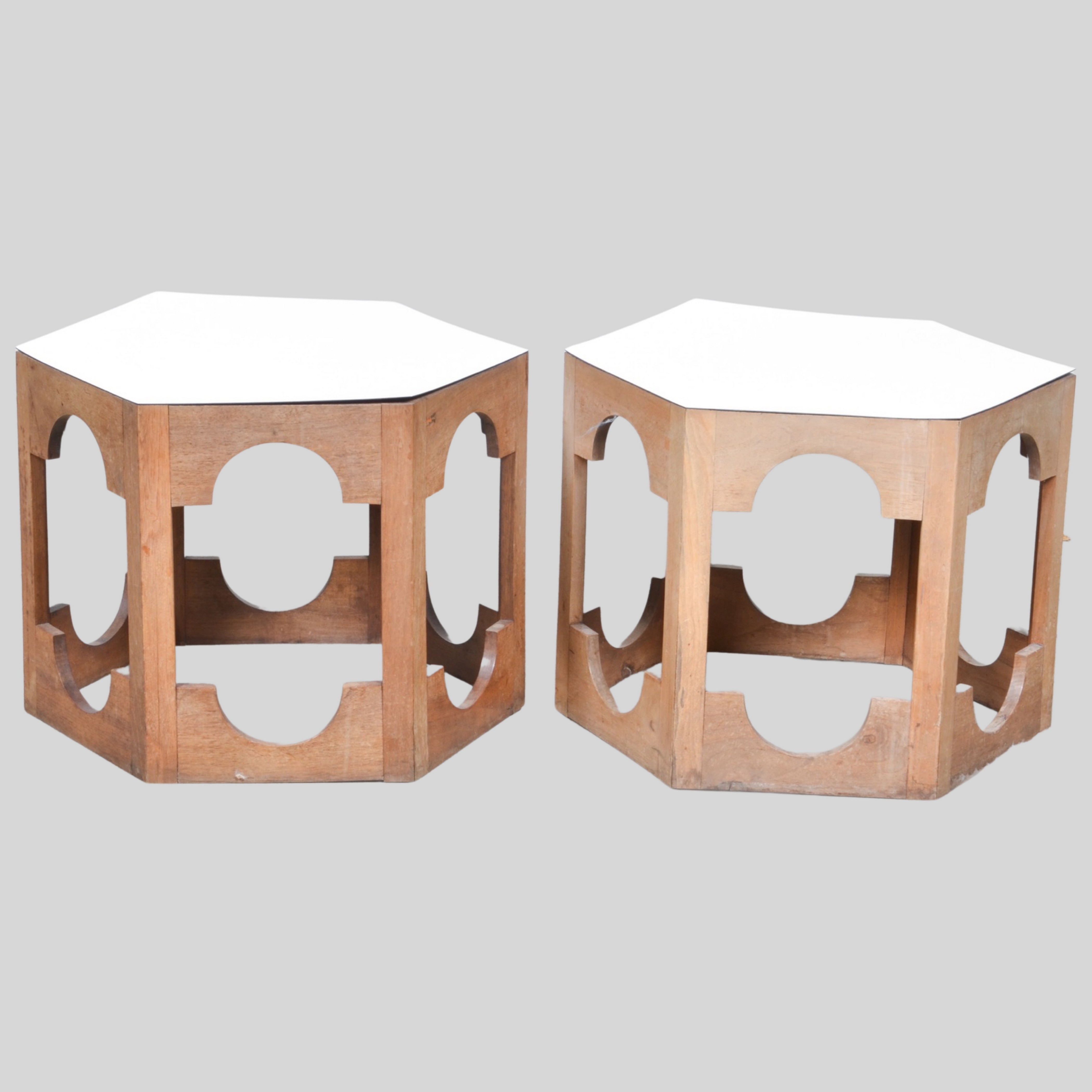 Pair Italian hexagonal carved plant