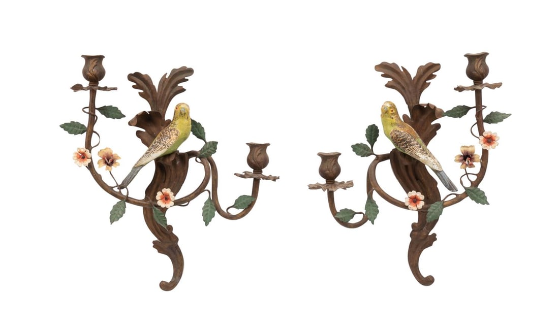 PAIR ITALIAN TOLE PARAKEET SCONCES,