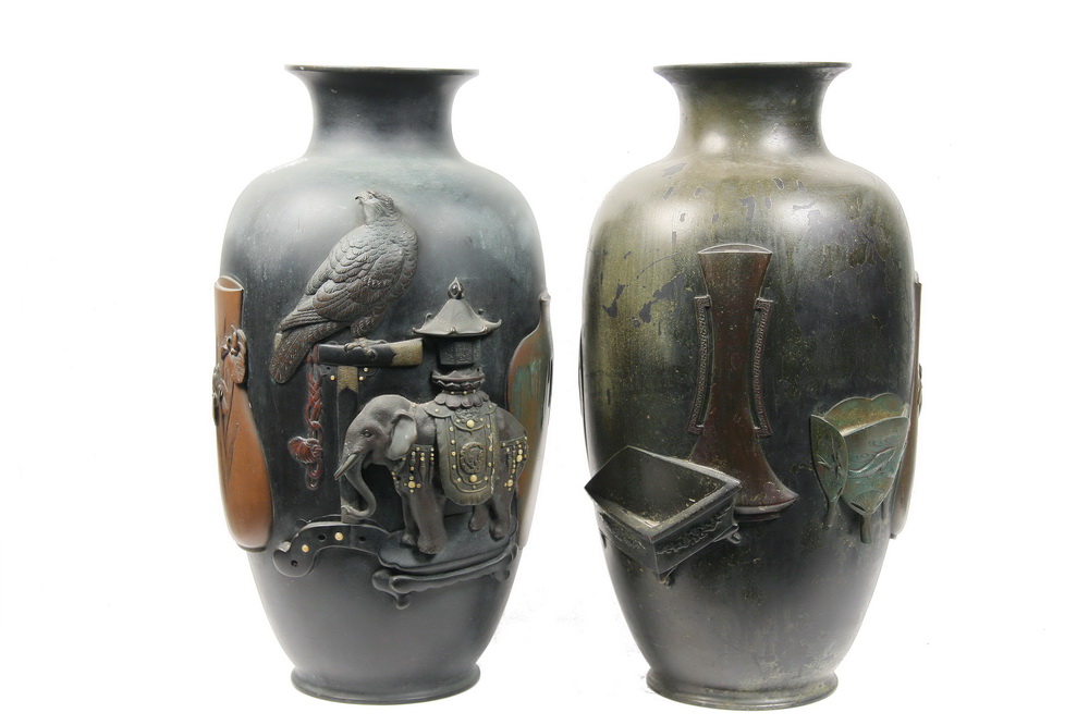 PAIR JAPANESE BRONZE TEMPLE URNS