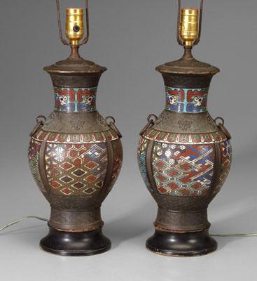 Pair Japanese champleve vases: each