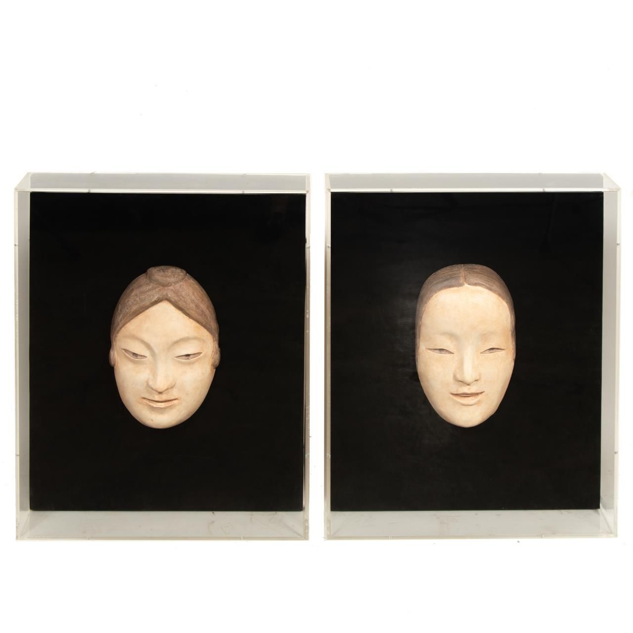 PAIR, JAPANESE CLAY NOH MASKS IN