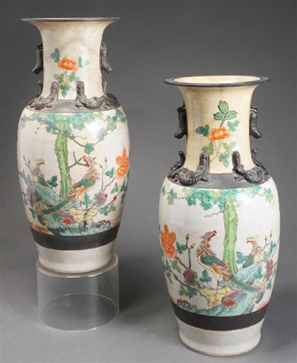 PAIR JAPANESE EARTHENWARE VASES, H: