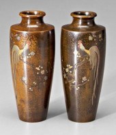 Pair Japanese inlaid bronze va