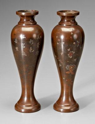 Pair Japanese inlaid bronze