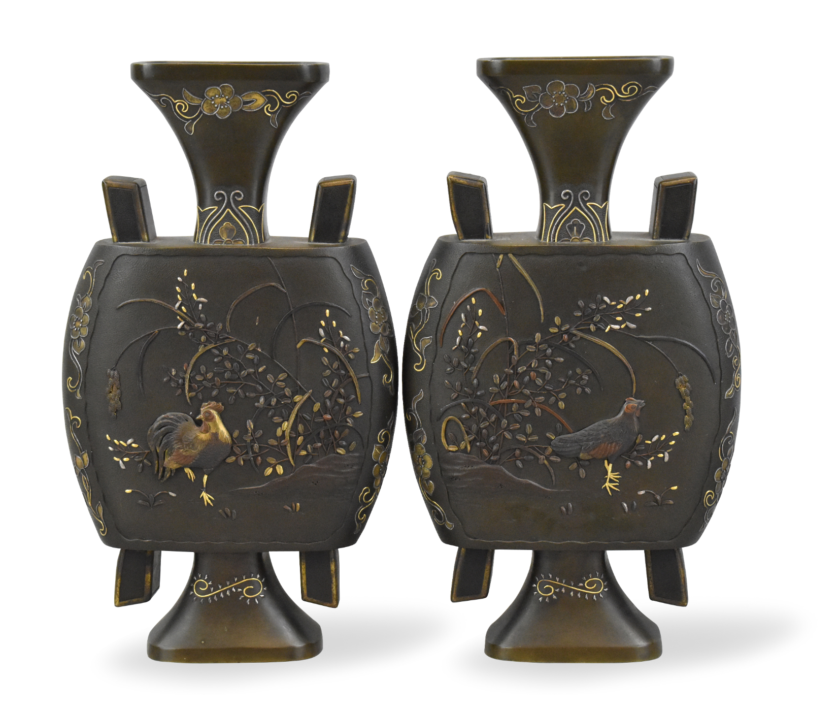 PAIR JAPANESE MIXED METAL VASE W/