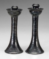 Pair Jugtown candlesticks: bla